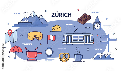 Zürich travel icons: cheese, chocolate, mountains, tram, fondue