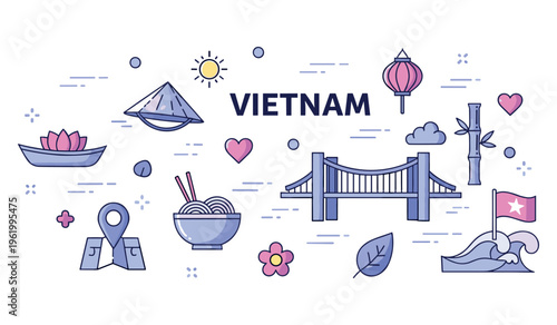 Vietnam icons: conical hat, bridge, lantern, noodles, bamboo, flag