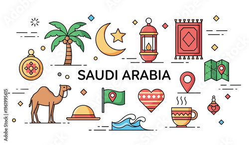 Colorful saudi arabia icons: camel, palm, flag, lantern, and more