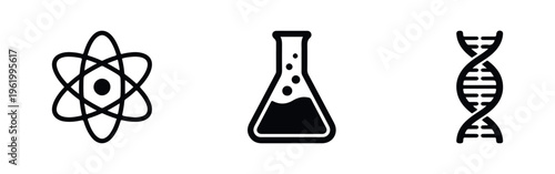 Set of minimalist black science icons including an atom, laboratory flask with bubbles, and DNA helix isolated on a white background.