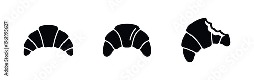 Minimalist black croissant icons in three variations, featuring a whole and a bitten pastry, isolated on white.