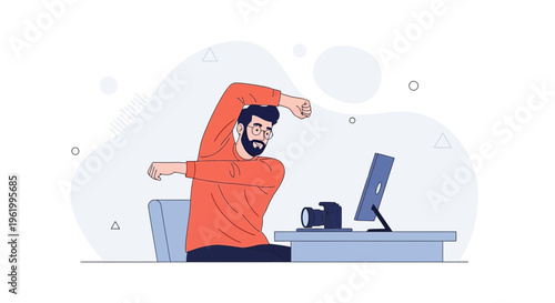 Man stretching at desk with computer and camera, remote work concept