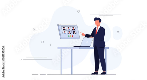 Businessman in video conference, pointing at screen with colleagues on laptop