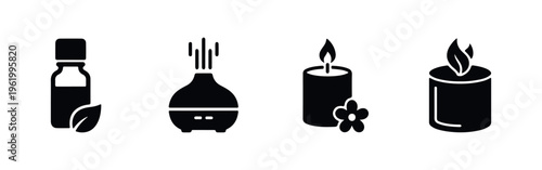 Aromatherapy icon set featuring essential oil bottle, electric diffuser, and scented candles. Black vector silhouettes for spa and wellness brands.