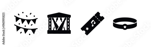 Black icons representing music festival and event essentials: party bunting, concert stage, ticket, and entry wristband on a white background.