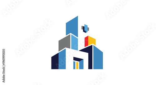 Modern Hospital Building Logo with Cross Symbol, Healthcare Architecture Concept