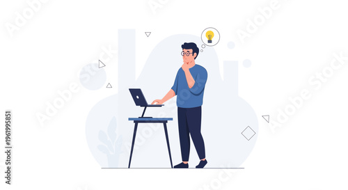 Man Thinking with Lightbulb Idea Over Laptop, Business Concept