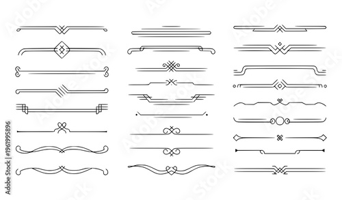 A collection of elegant and ornate line art dividers and separators in a minimalist vector graphic design with various decorative elements and patterns on a white background
