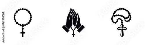 Set of black silhouette icons featuring rosaries and praying hands with a crucifix, isolated on white. Symbols of Catholic faith and prayer.