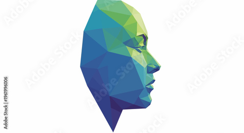 3D Polygonal Face Profile, Futuristic Digital Human Head, Blue Green Gradient