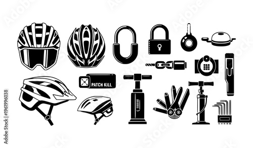 A collection of black and white vector icons depicting various bicycle accessories and tools on a plain white background