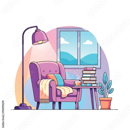 A cozy reading nook with a chair, lamp, books, and a cup of tea