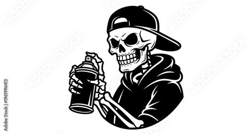 Skeleton Graffiti Artist Mascot in Hoodie and Cap Holding Spray Paint Can Urban Street Art Vector Illustration