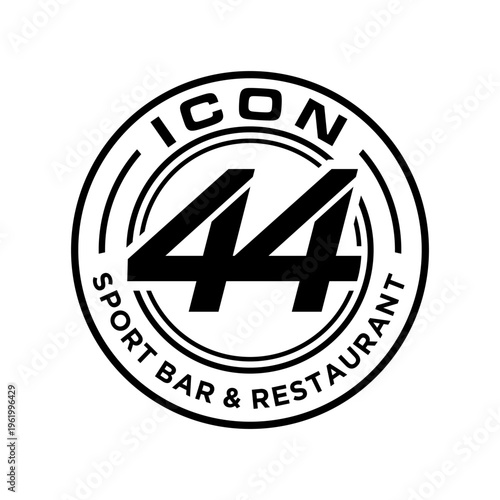 Black and white circular logo for Icon 44 Sport Bar & Restaurant, featuring bold numbers and text within a double-lined circle design.