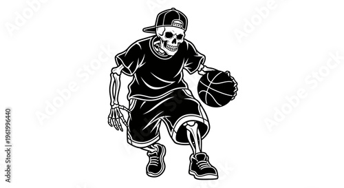 Skeleton Basketball Player Vector Illustration Dribbling the Ball in Urban Streetwear Apparel
