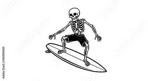 Skeleton Surfer Character Riding a Surfboard - Funny Skull Vector Illustration in Board Shorts for Summer Sports and Beach Branding