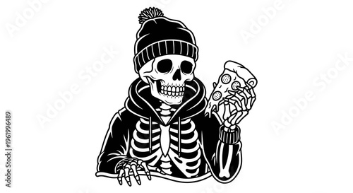 Streetwear Skeleton Character in Hoodie and Beanie Holding a Slice of Pepperoni Pizza, Black and White Vector Illustration