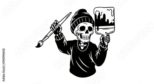 Creative skeleton artist character wearing a beanie and sweater holding a paintbrush and dripping house paint brush, vector illustration in black and white line art style.