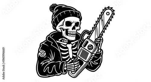 Skeleton Character Wearing a Beanie and Jacket Holding a Chainsaw Monochrome Vector Illustration