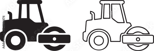 Road roller vector icons in solid and outline styles, heavy construction equipment symbols, asphalt compactor machinery for civil engineering projects