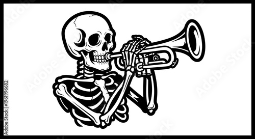 Professional Skeleton Musician Playing Trumpet, Black and White Vector Illustration for Halloween or Jazz Theme
