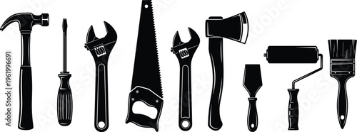 Professional handyman tool set collection featuring black and white silhouette illustrations of hammer screwdriver wrench handsaw axe putty knife paint roller and brush assets.