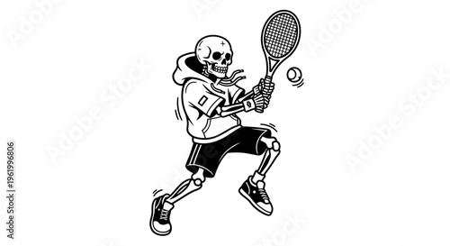 Skeleton Character Playing Tennis Vector Illustration Wearing Urban Hoodie and Sneakers