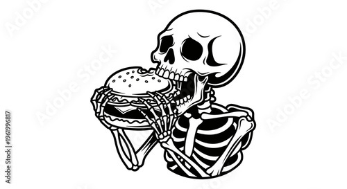 Human Skeleton Eating a Large Hamburger Illustration, Vector Black and White Mascot Character