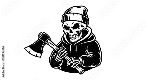 Skeleton Lumberjack Mascot Wearing Beanie and Hoodie Holding an Axe Vector Illustration