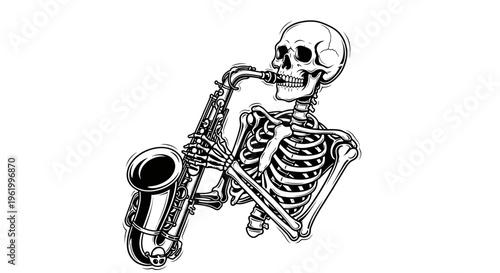 Vector Illustration of a Human Skeleton Playing a Saxophone, Jazz Music and Macabre Art Concept