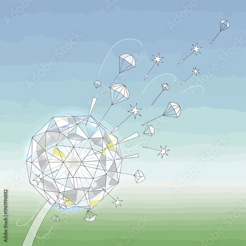 A geometric sphere explodes into creative elements