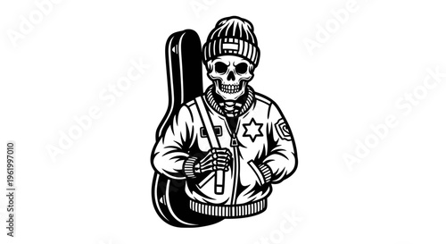 Cool Skeleton Musician Wearing Urban Beanie and Bomber Jacket Carrying a Guitar Case Vector Illustration