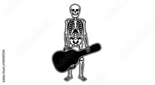 Human Skeleton Character Holding a Guitar Case Vector Illustration, Black and White Musician Anatomy Isolated on White Background