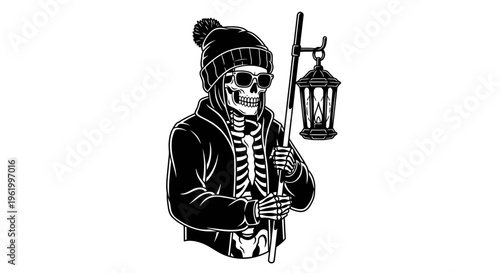 Vintage Woodcut Style Skeleton Character in Winter Apparel Holding a Lantern Staff, Vector Illustration Mascot for T-Shirt Design