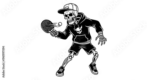 Skilled Skeleton Character Playing Table Tennis Wearing Urban Streetwear Outfit Vector Illustration