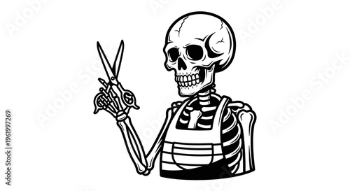 Barber Skeleton Character Holding Hairdressing Scissors Wearing an Apron Vector Illustration