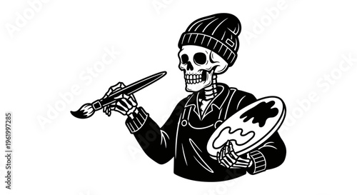 Skeleton Artist Illustration Holding a Paintbrush and Palette Wearing a Beanie and Overalls