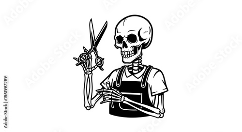 Skeleton barber wearing apron and holding professional hair scissors, vintage style black and white vector illustration for hair salon or barber shop branding