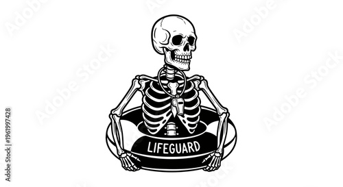 Skeleton Lifeguard Vector Illustration with Lifebuoy and Whistle in Vintage Tattoo Style