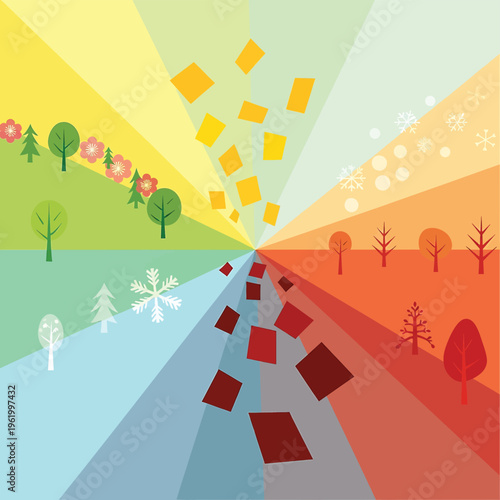 A stylized illustration depicting seasonal changes through color and symbol