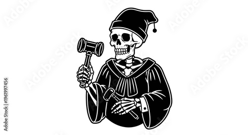 Skeleton Judge Vector Illustration Wearing Gown and Cap Holding a Gavel, Concept of Final Judgment, Law, Justice, and Mortality