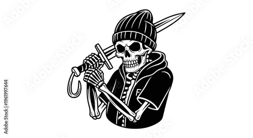 Skeleton Warrior Wearing Streetwear Hoodie and Beanie Carrying a Large Sword, Vector Graphic