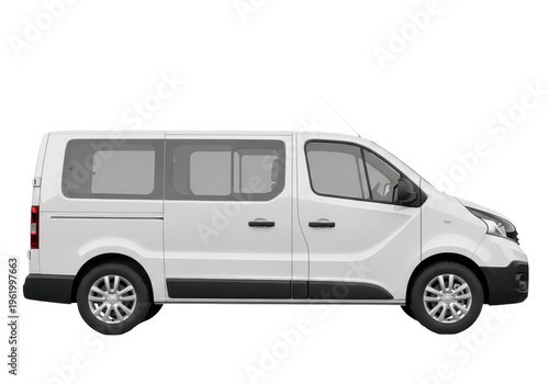 Side view of a modern white commercial van isolated on transparent background