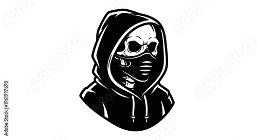 Aggressive Skull Character Wearing a Black Hoodie and Face Mask Vector Illustration for Gaming Logo or Streetwear Design