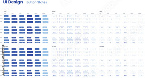 UI design button states. Active, hover, focus, disabled and loading styles. Primary secondary buttons with shadow variations. Web interface elements, digital components, app design, user experience