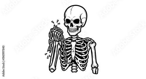 Human Skeleton Breaking Metal Chains for Freedom Concept, Gothic Vector Line Art Illustration