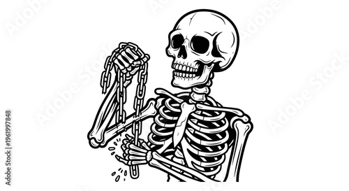 Skeleton Breaking Metal Chains Vector Illustration, Conceptual Symbol of Freedom and Liberation