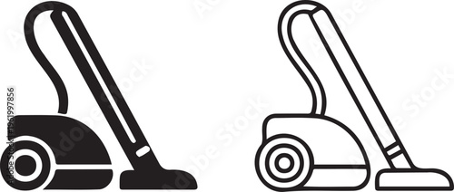 Vacuum cleaner icon set in flat and line styles, professional cleaning equipment symbols, household appliance vector graphics for housekeeping services
