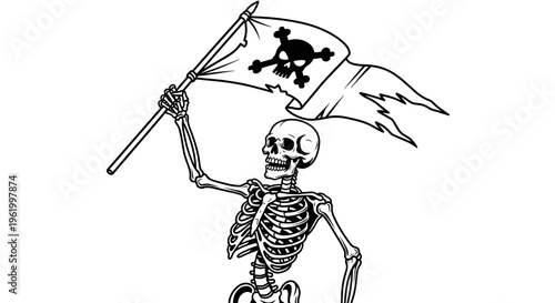 Pirate Skeleton Holding a Tattered Jolly Roger Skull and Crossbones Flag Vector Illustration