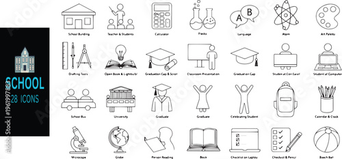 School set education and learning symbols school building